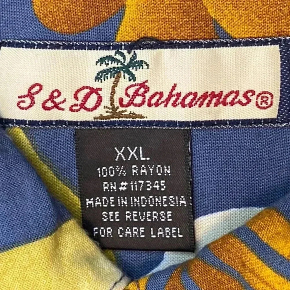 S&D Bahamas Hawaiian Shirt Mens 2XL Blue Yellow Floral Button Up Short Sleeves - Picture 2 of 7